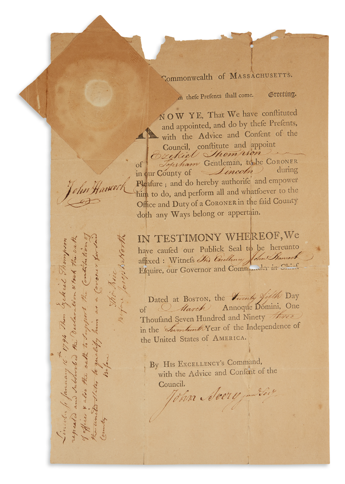 JOHN HANCOCK. Partly-printed Document Signed, as Governor, appointing a coroner for Lincoln County. Countersigne...